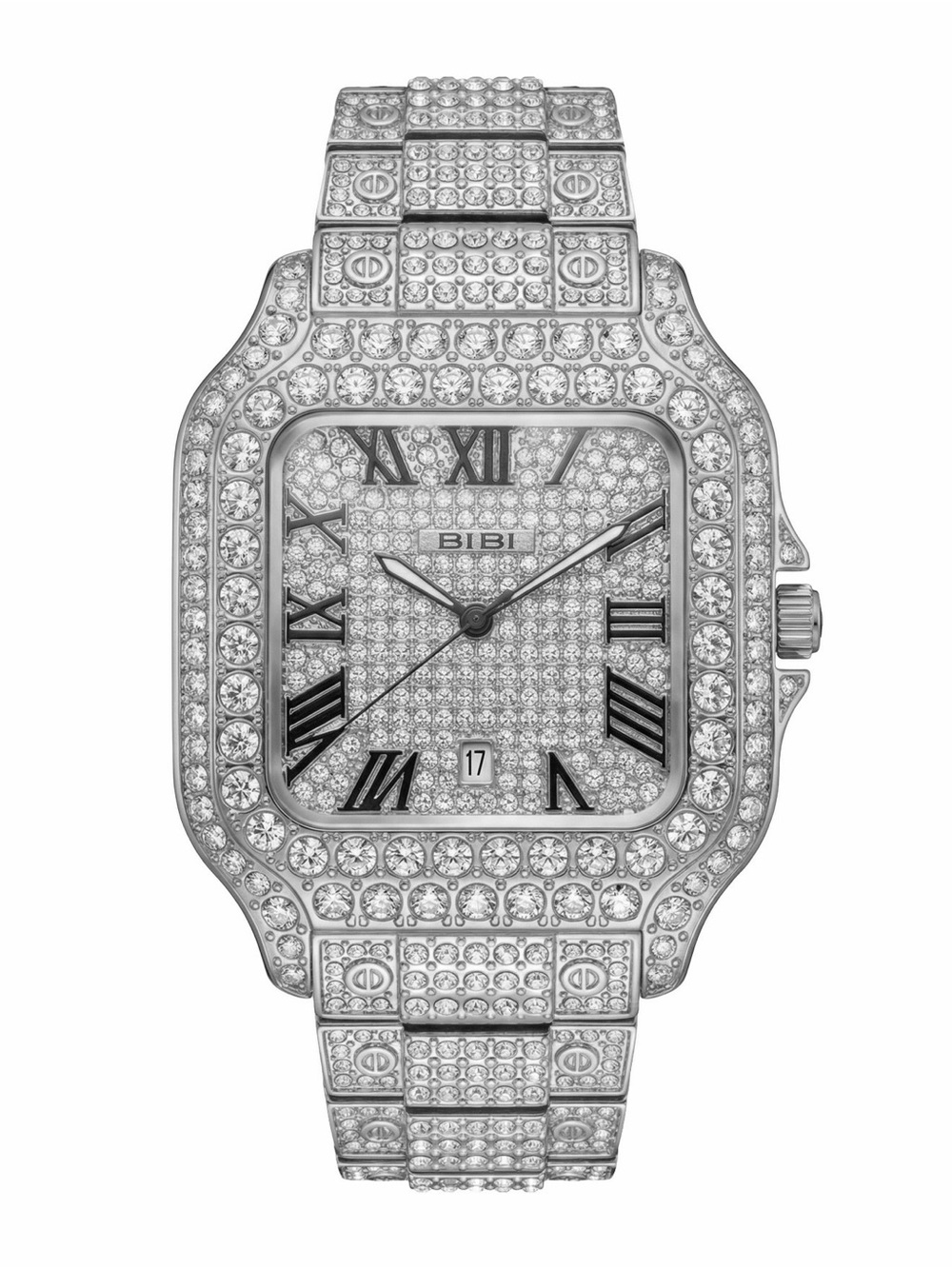 BiBi Silver Pave Crystal Square Watch with Blue Hands